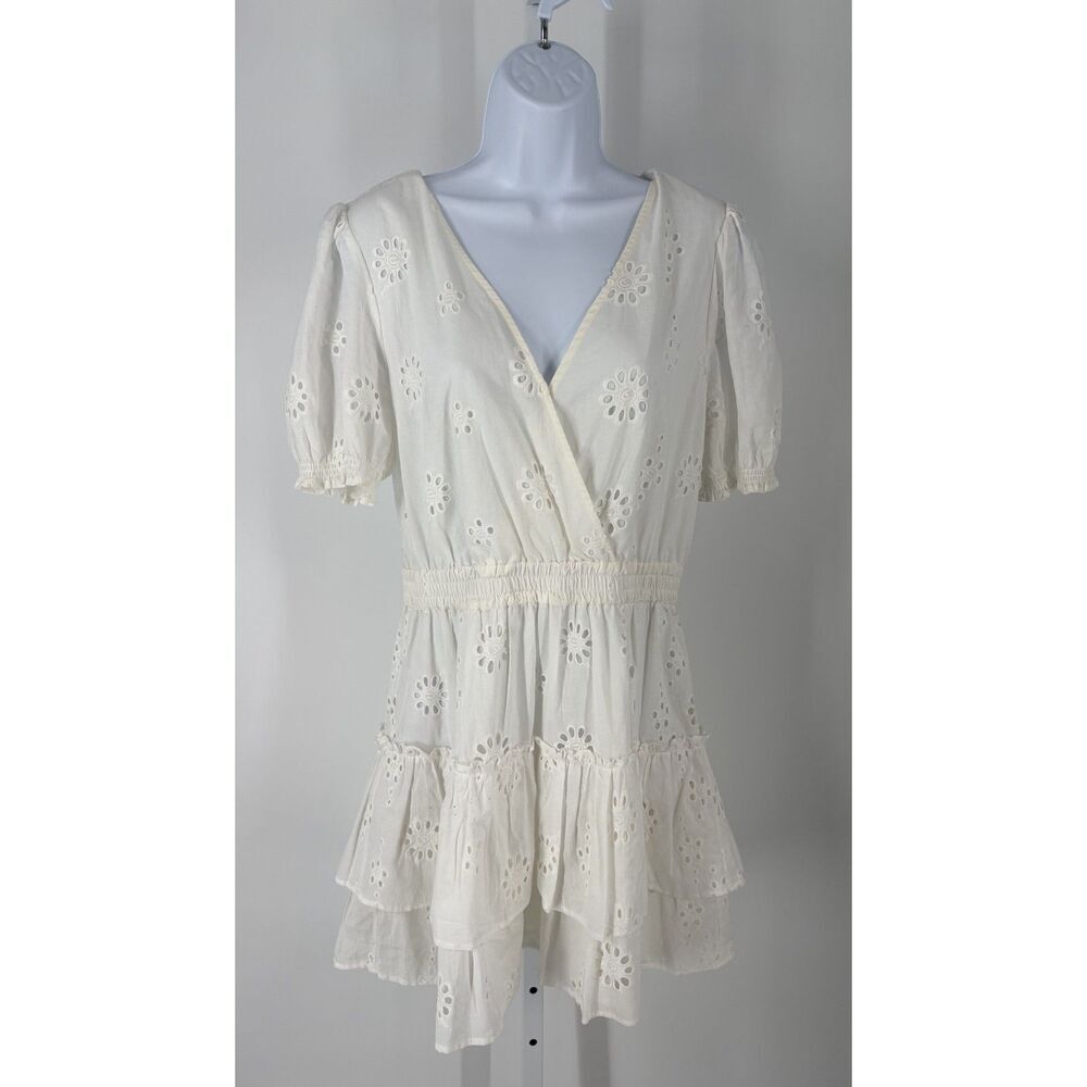 WAYF White Eyelet Mini Dress Puff Sleeve Tiered Ruffle Summer Dress